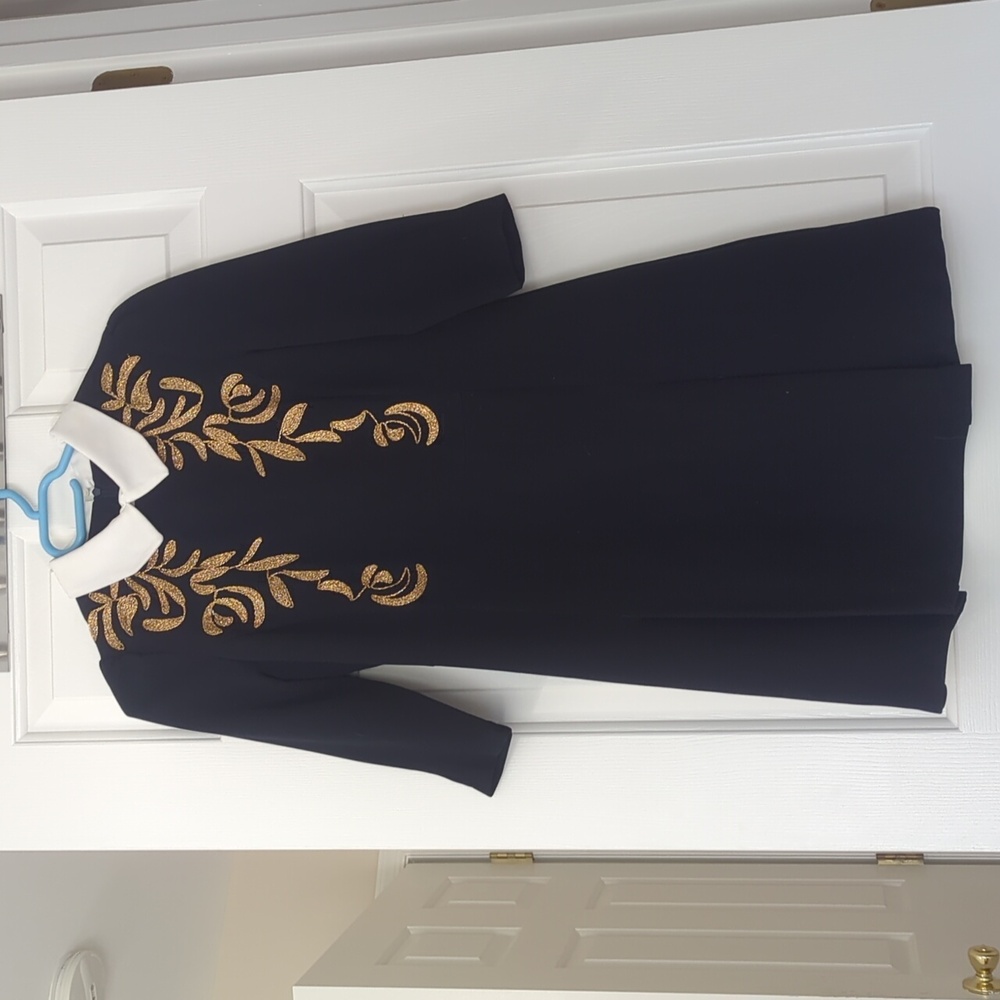 Dark Navy Dress with Gold Embroidery and White Collar